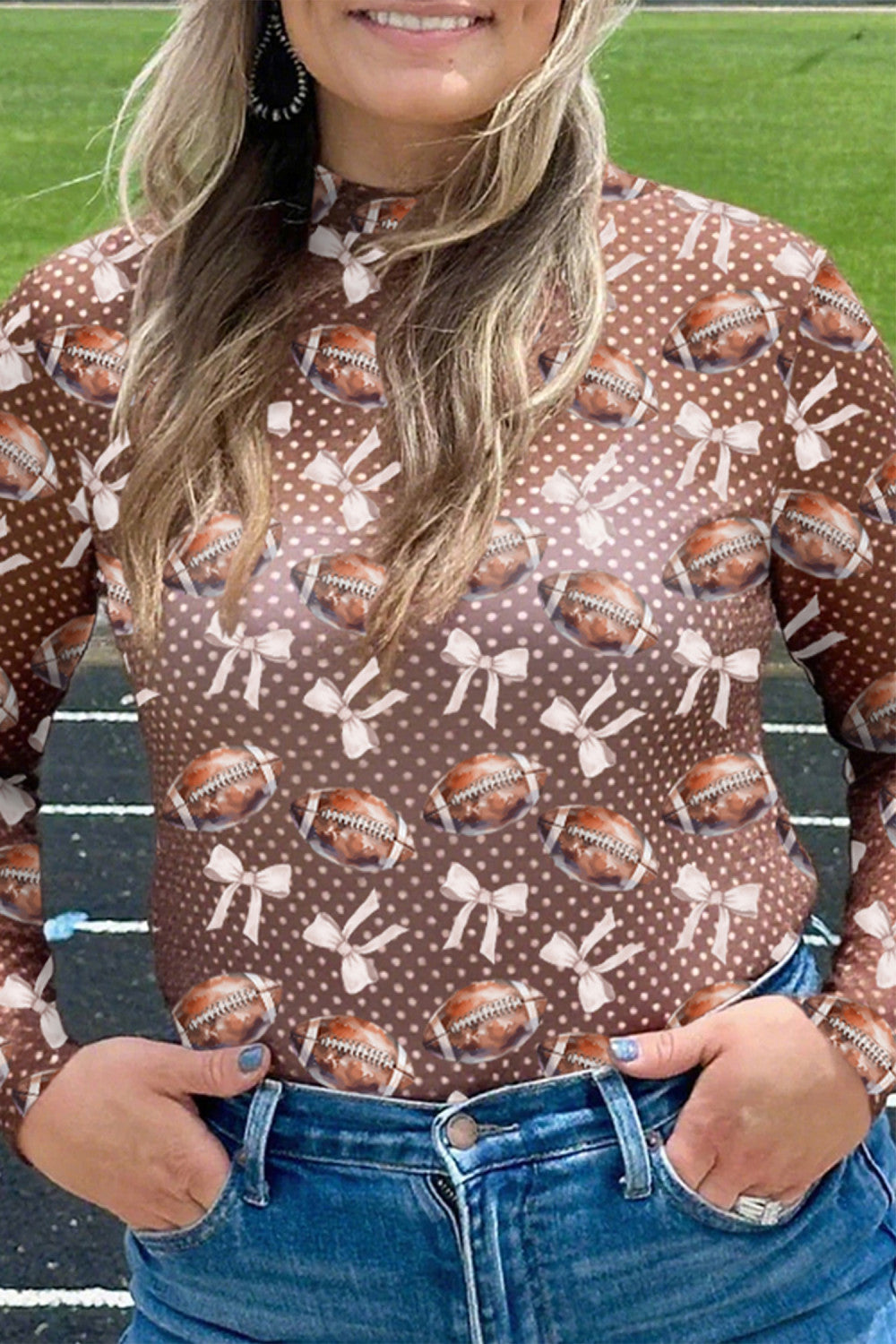 Brown Polka Dot Bow Printed Game Day Vibes Mesh Long Sleeve Top - PREORDER
