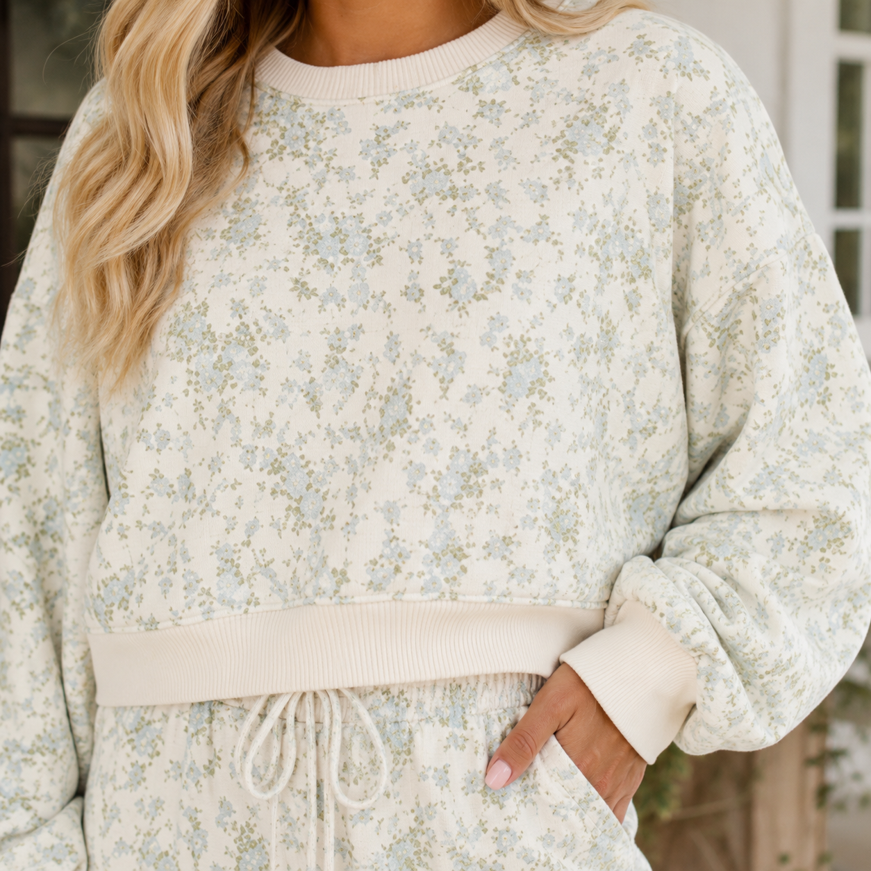 Sky Blue Floral Print Long Sleeve Top Drawstring Wide Leg Pants Set - PREORDER