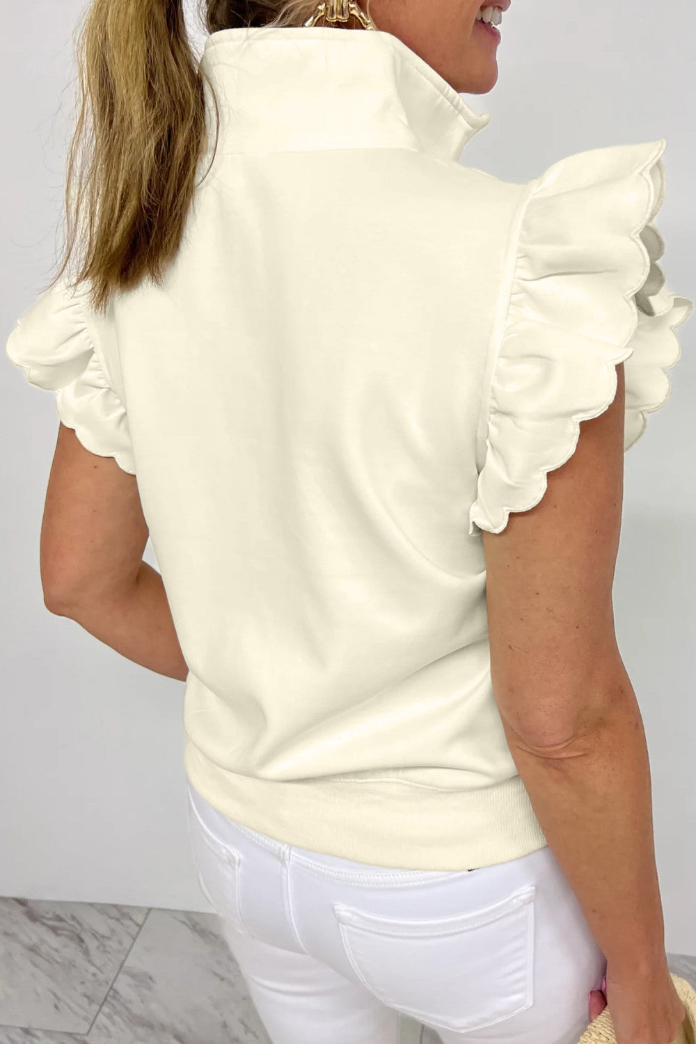 Beige Zipped up Collared Ruffled Short Sleeve Blouse - PREORDER
