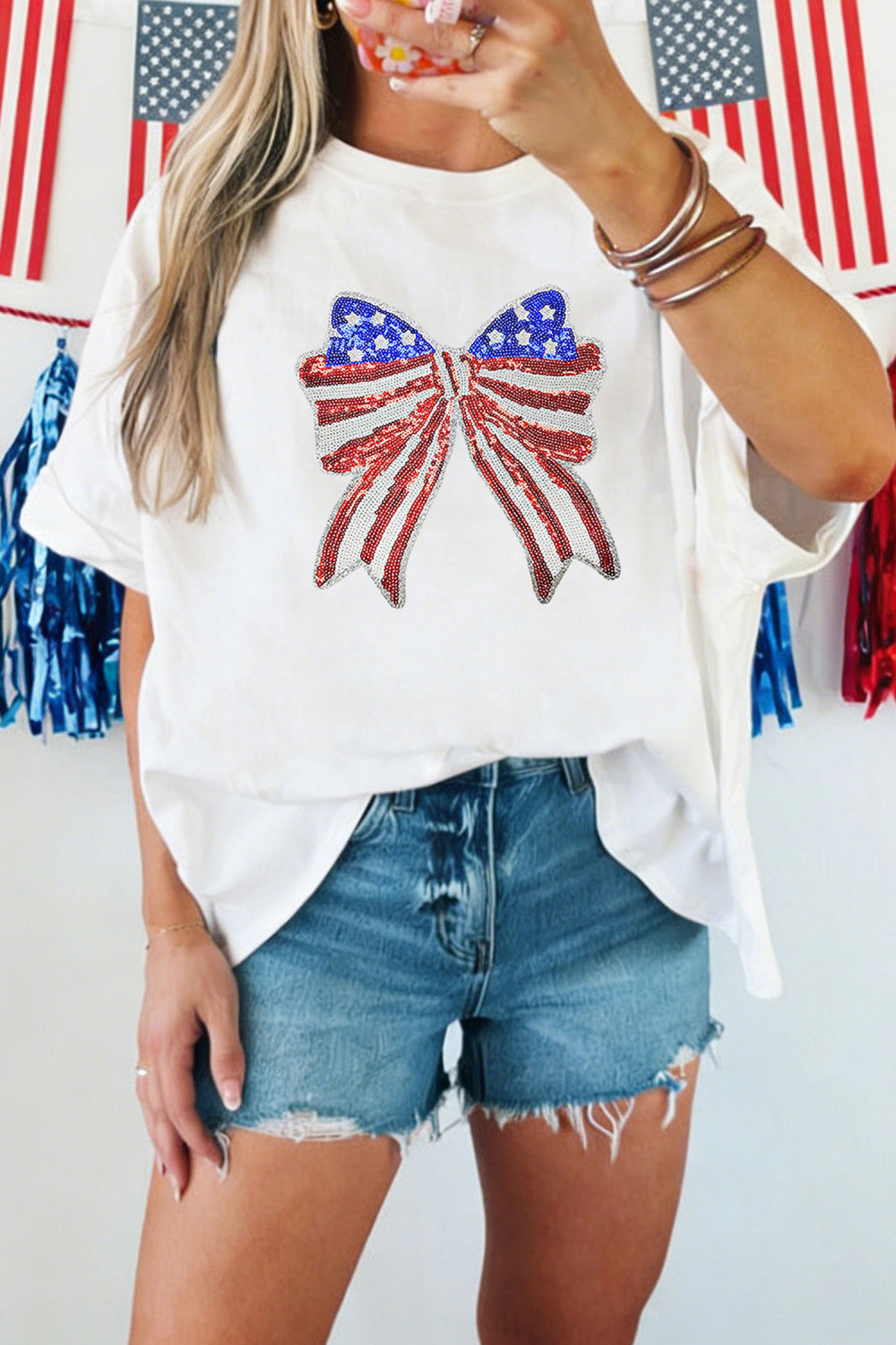 White Patriotic Sequin Bow Graphic Oversized Tee - PREORDER