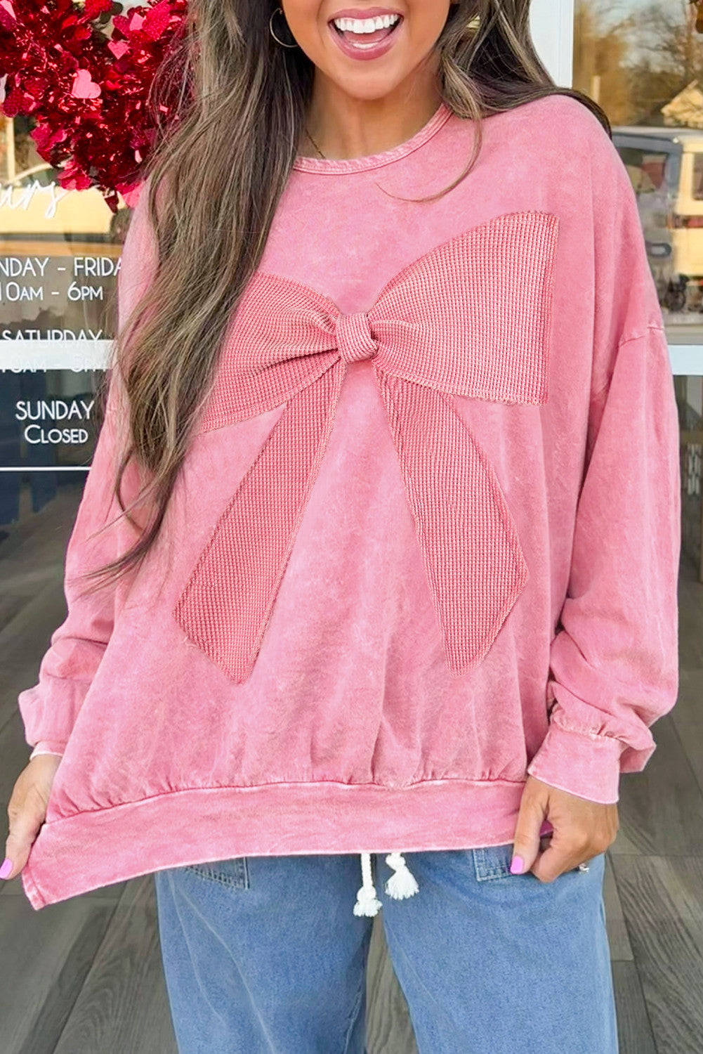 Bright Pink Mineral Wash Big Bow Patchwork Pullover Sweatshirt - PREORDER