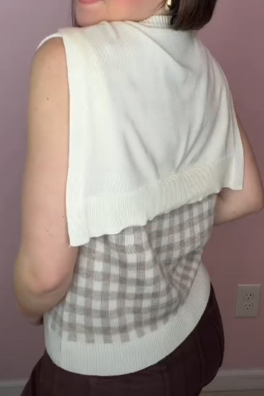 Khaki Gingham Plaid Knit Detachable Shawl Wrap Sweater Tank Top - PREORDER