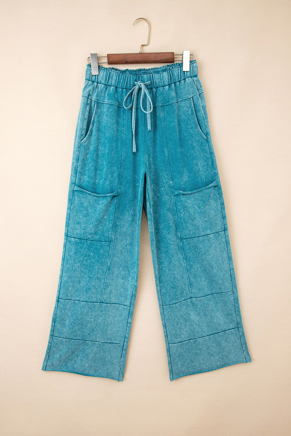 Turquoise Mineral Wash Lace-up High Waist Raw Hem Patched Pocket Pants - PREORDER