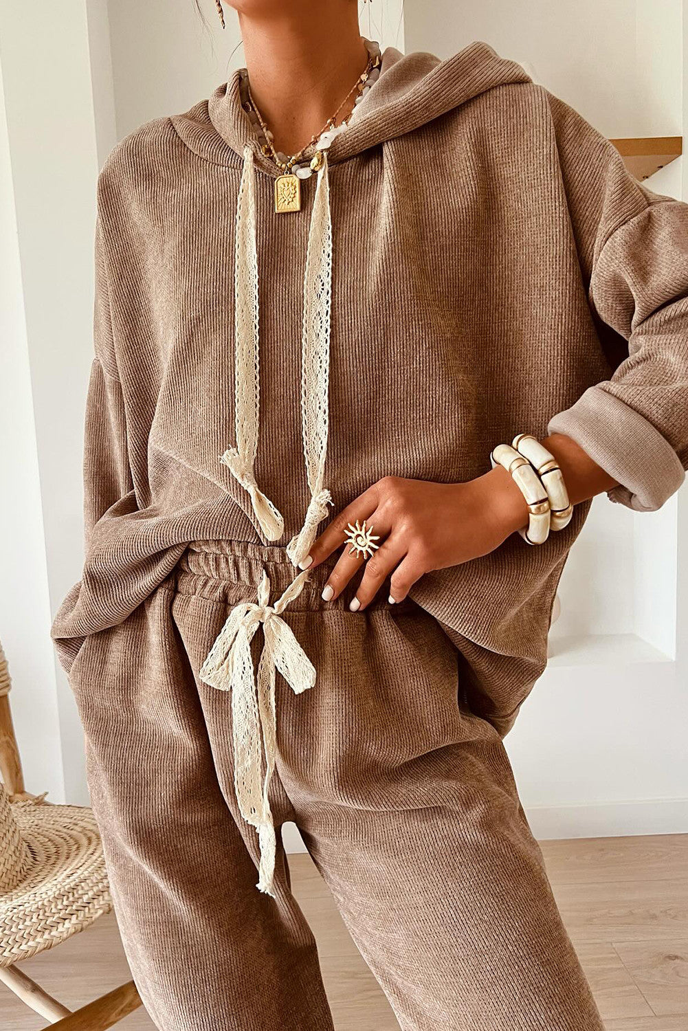 Brown Lace Drawstring Pullover Hoodie and High Waist Pants Corduroy Suit - PREORDER