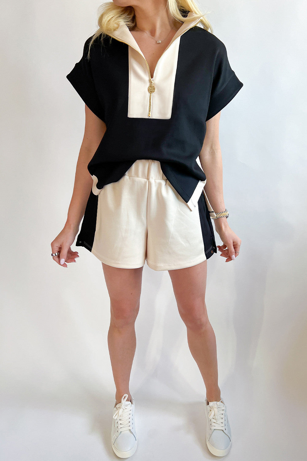 Black Contrast Zipped Stand Collared T Shirt and Short Set - PREORDER