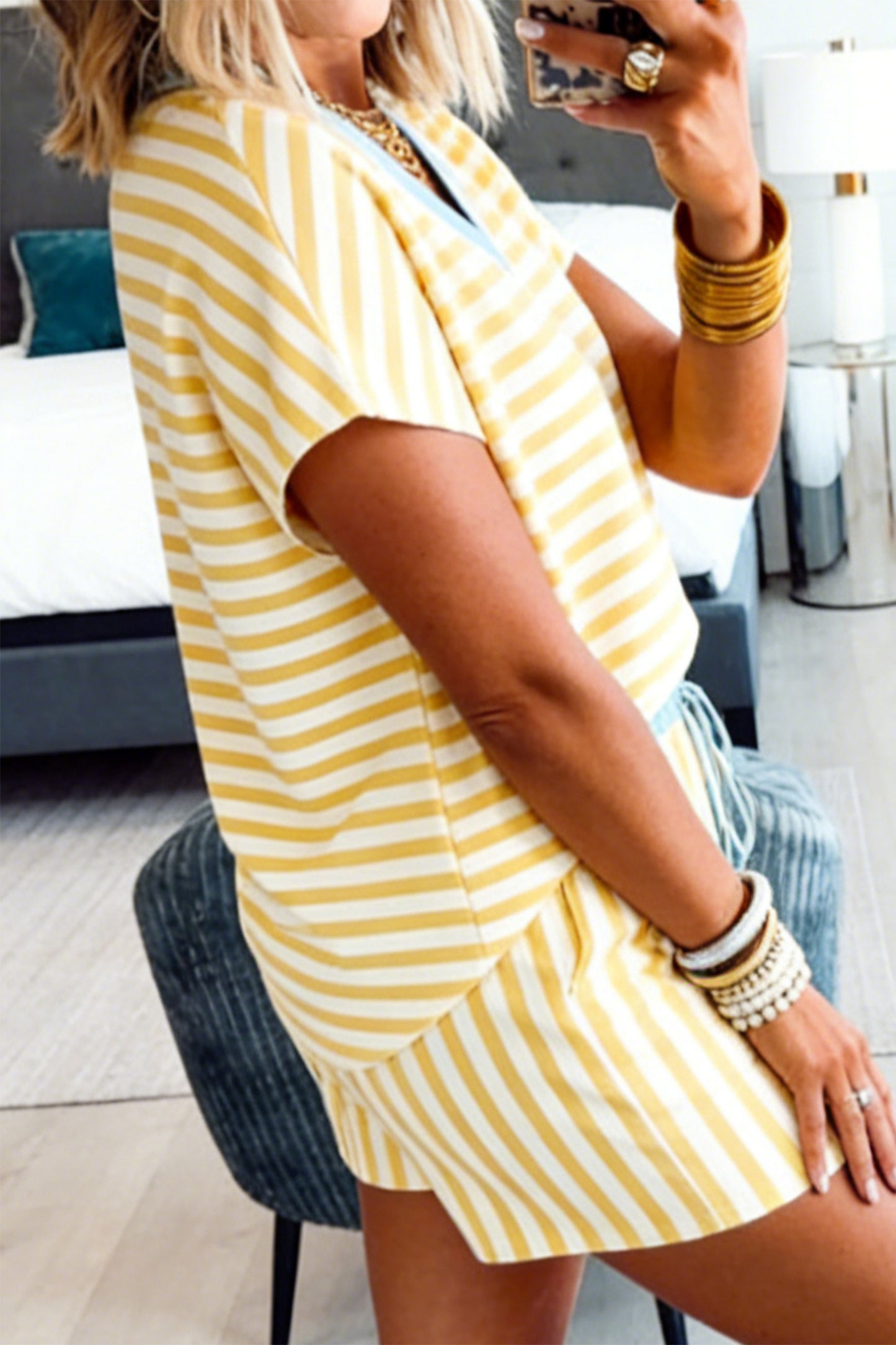 Yellow Stripe Colorblock Trim V Neck Tee Drawstring Elastic Waist Short Set - PREORDER