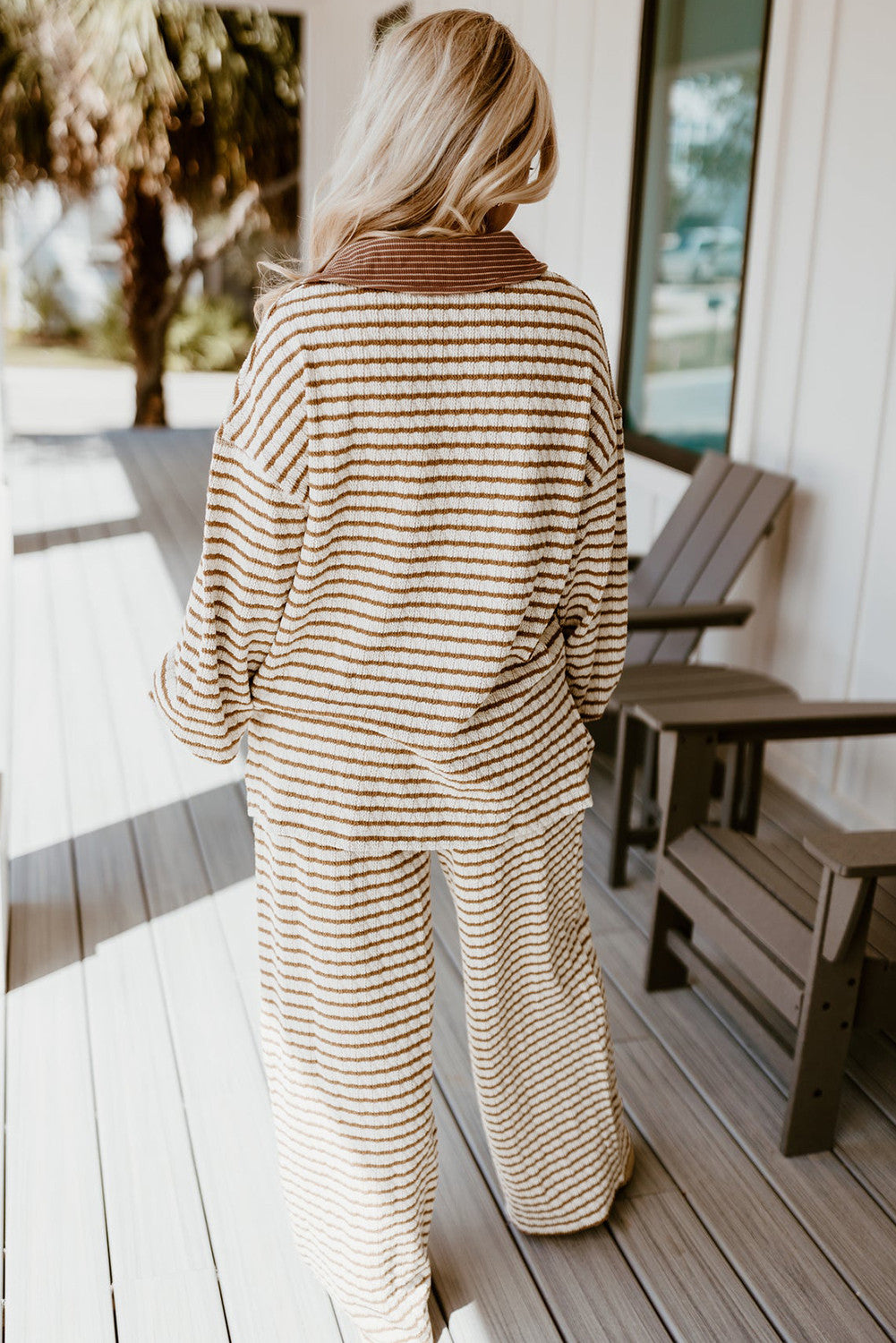 Khaki Stripe Collared Pullover Top and Drawstring Pant Set - PREORDER