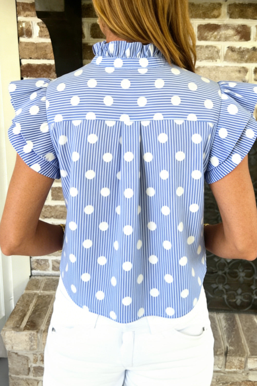 Sky Blue Stripe Contrast Polka Dot Print Pleated Ruffle Sleeve Shirt - PREORDER