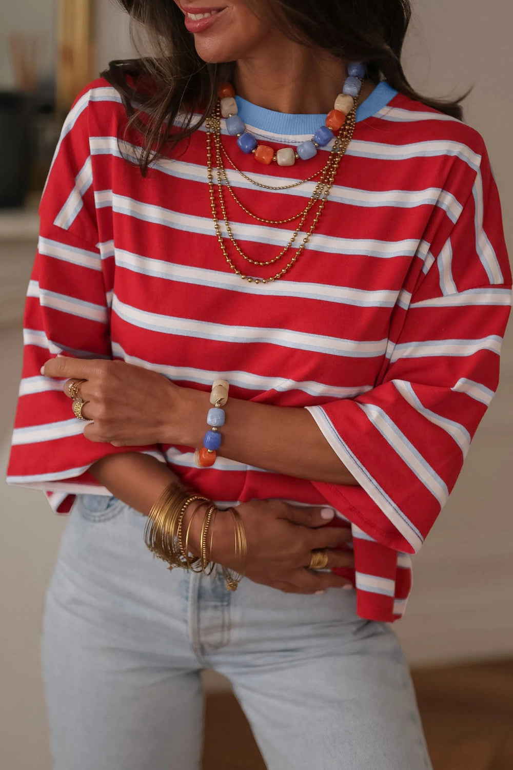 Racing Red Striped Backless Bracelet Sleeve Shift T-Shirt - PREORDER