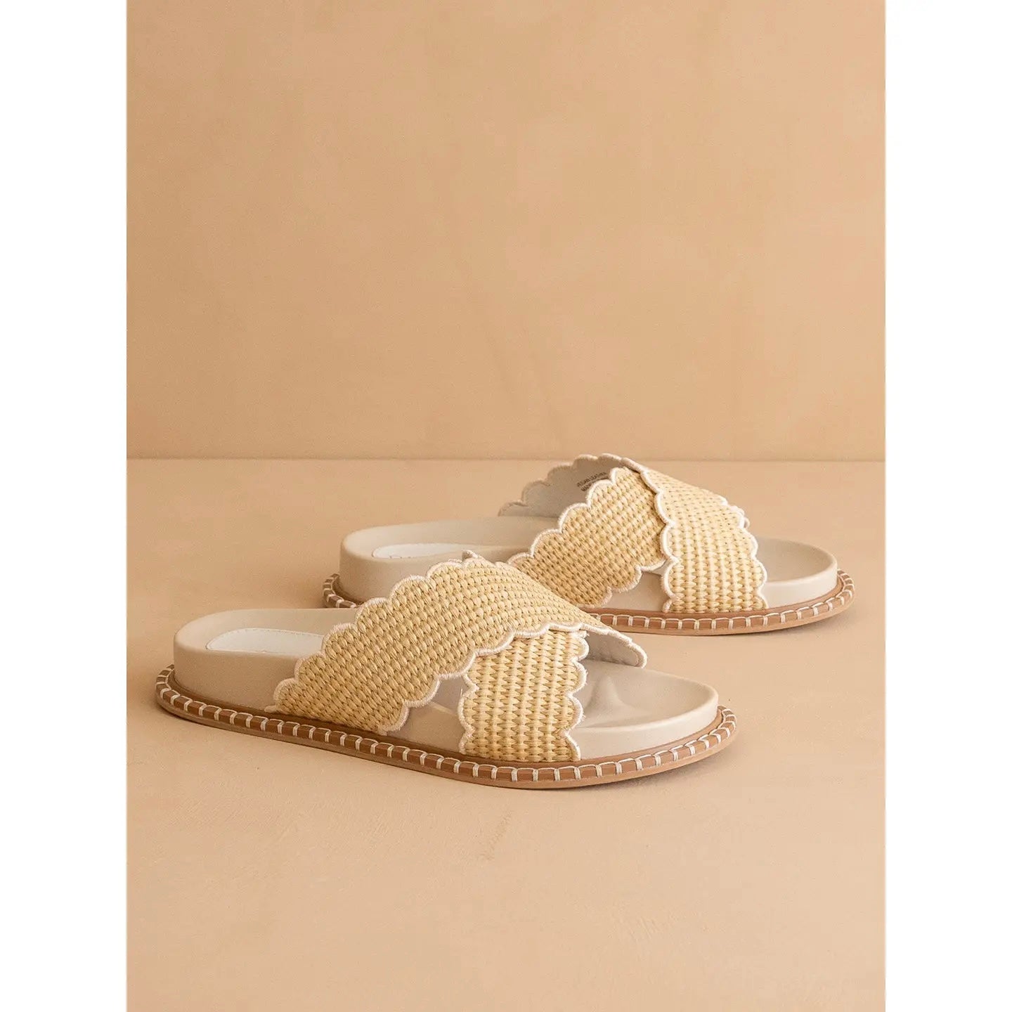 Beige Double Strap Raffia Slide