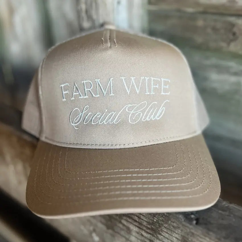 Farm Wife Social Club Trucker Hat with Mesh Back - Light Tan