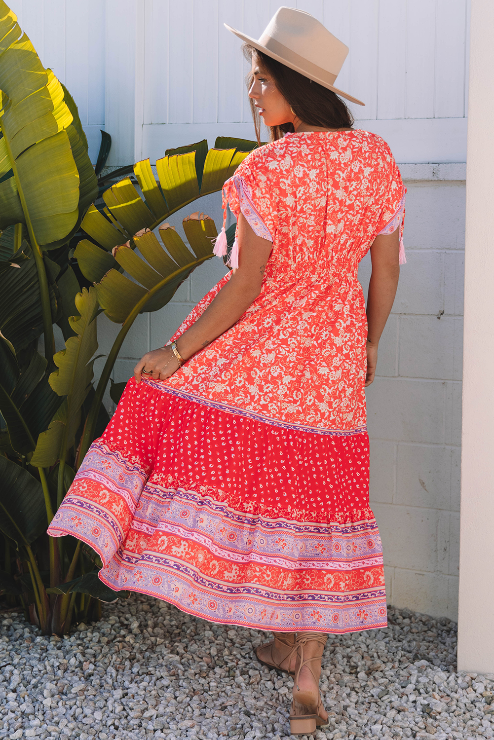 Floral Print Tasseled Tied Sleeve Empire Waist Maxi Dress