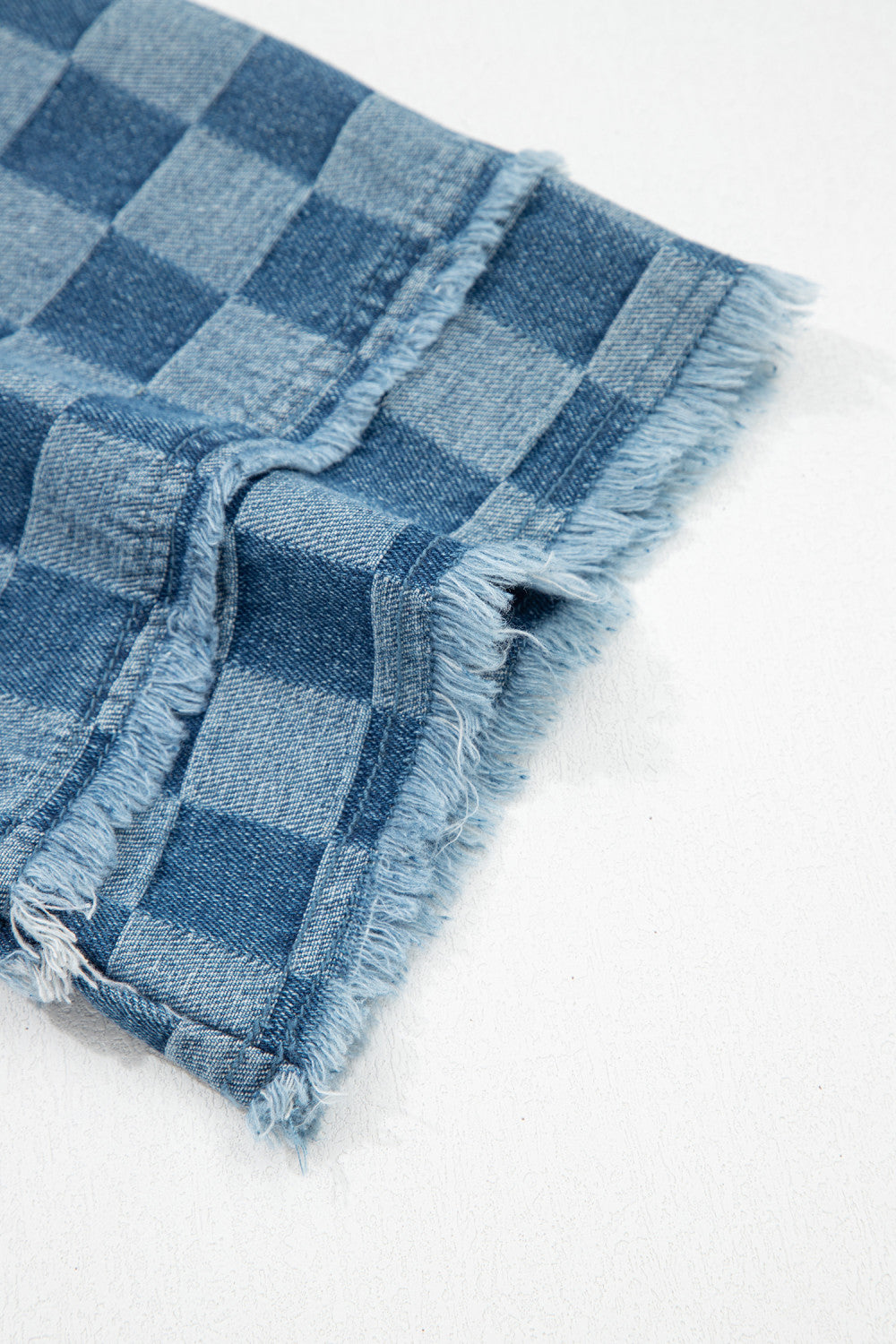 Sky Blue Frayed Hem Checkered Denim Mini Dress - PREORDER