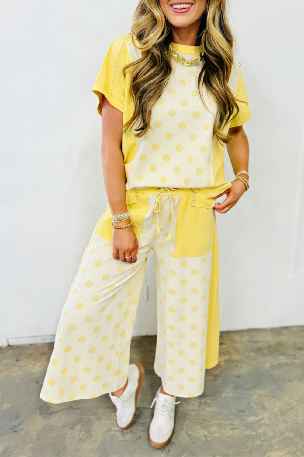 Yellow Color Block Patchwork Polka Dot Wide Leg Pant Set - PREORDER