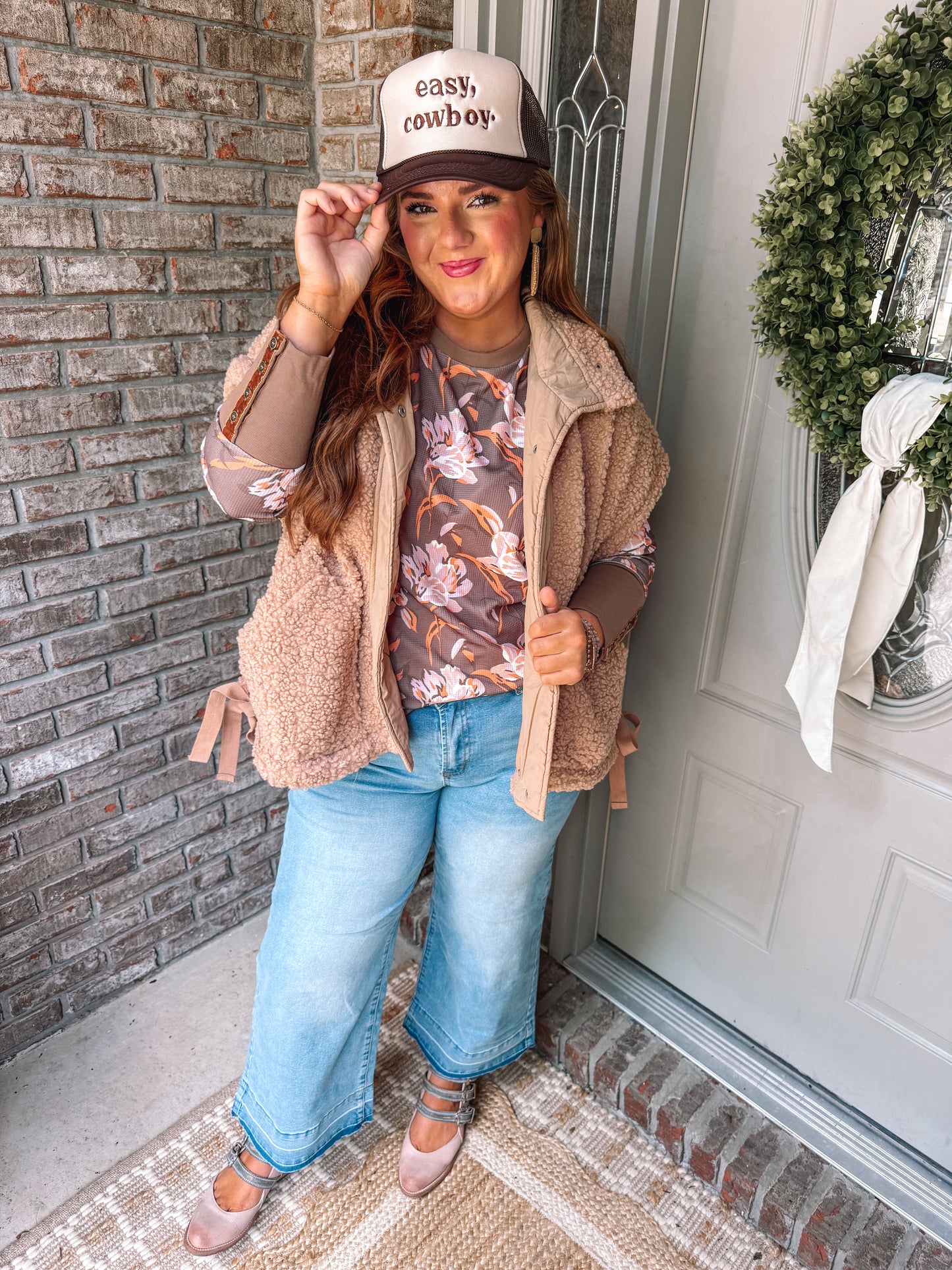 Brown Floral Print Waffle Textured Long Sleeve Top - PREORDER