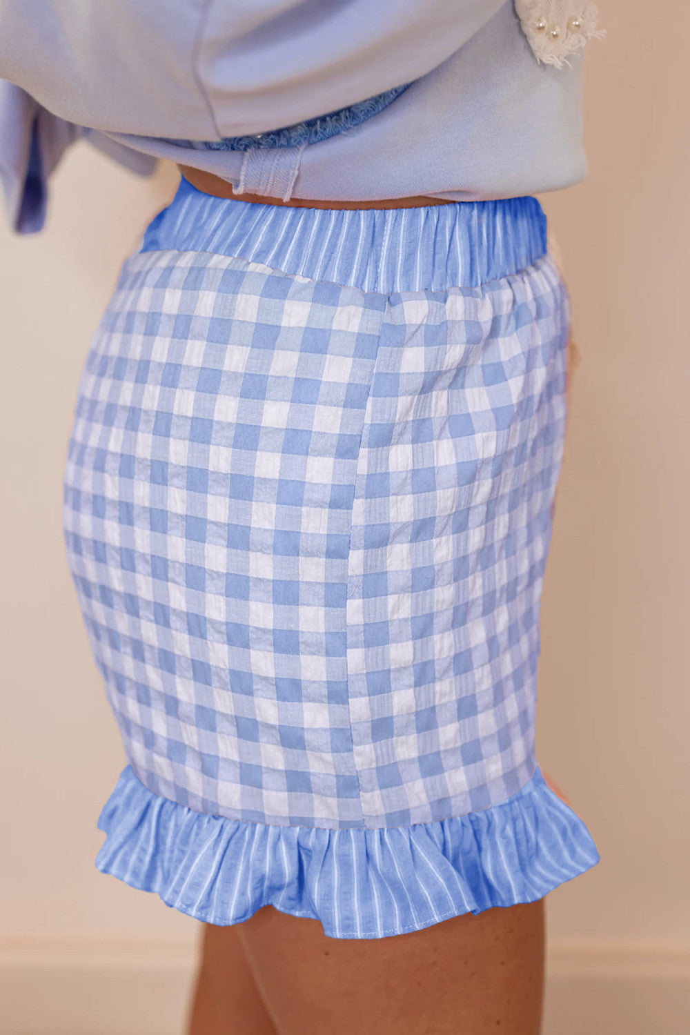 Sky Blue Gingham Print Ruffle Striped Detail Lace Tie Shorts - PREORDER