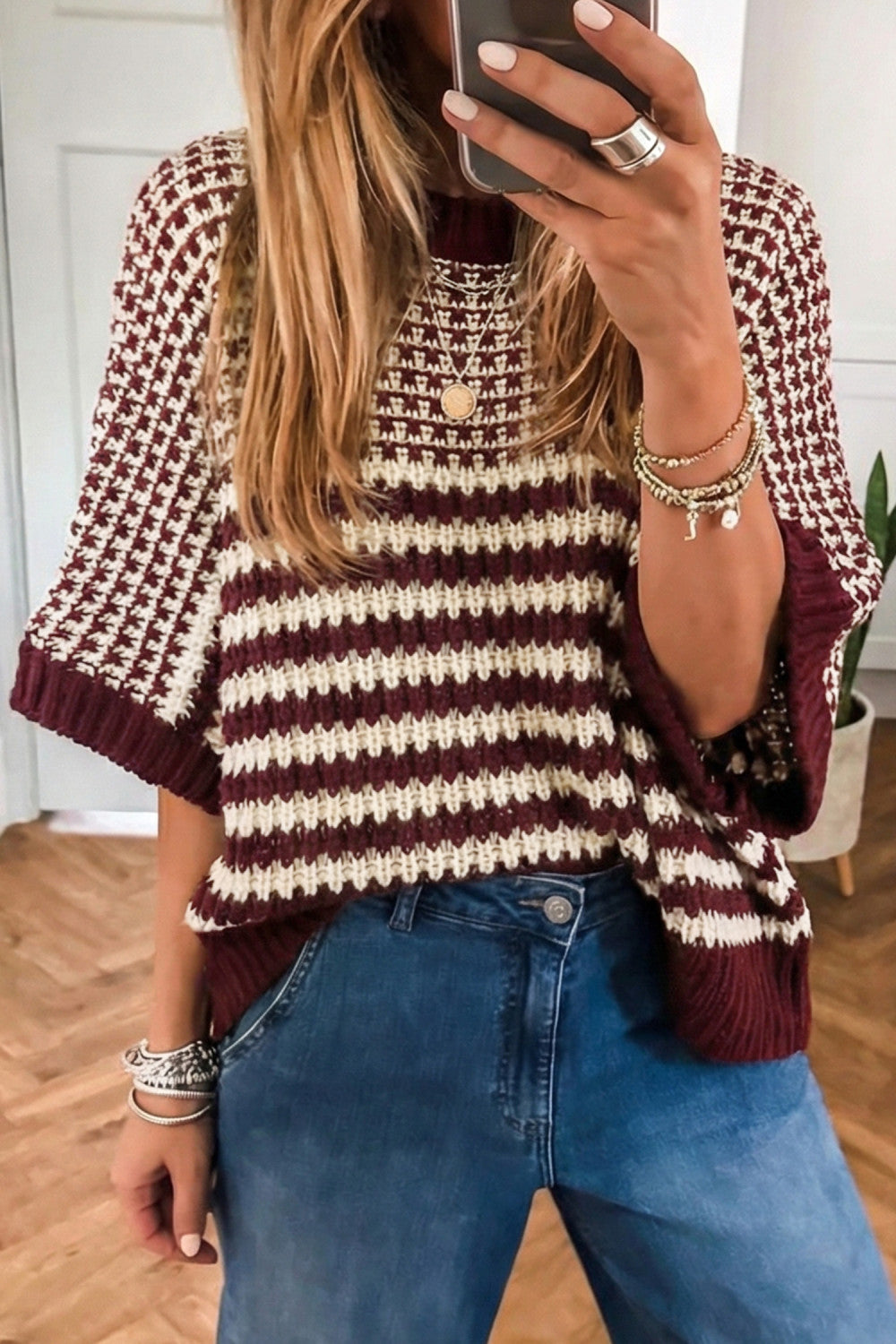 Maroon Stripe 3/4 Draped Sleeve Slouchy Sweater- PREORDER
