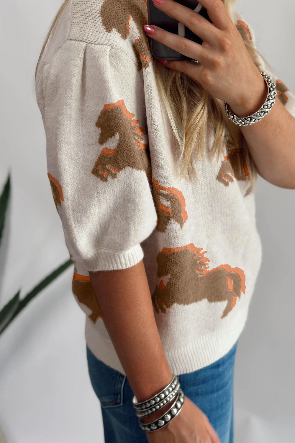 Western Horse Printed Short Puff Sleeve Sweater - PREORDER