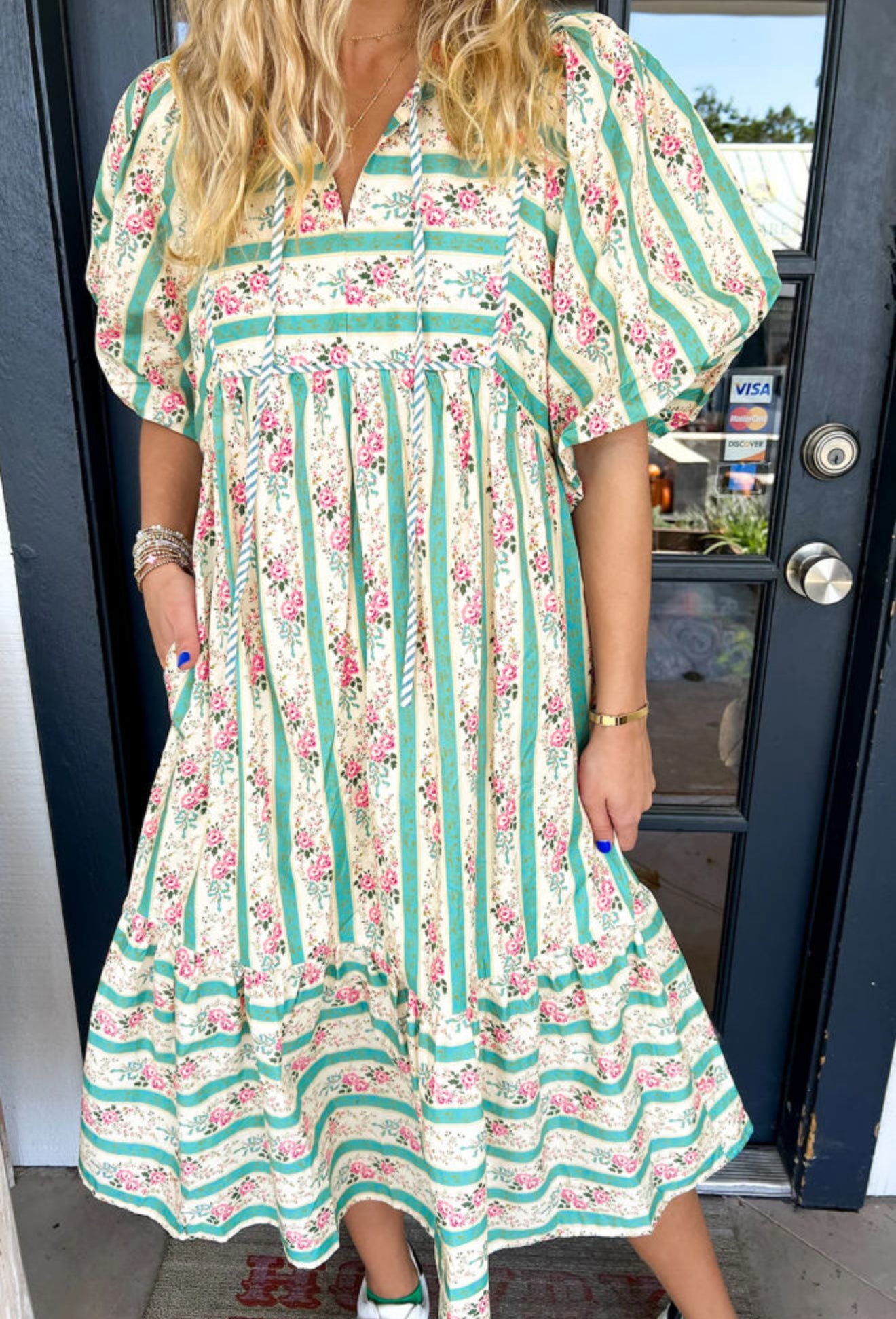 Multicolour Striped Floral Print Tie SplitNeck Puff Sleeve Midi Dress