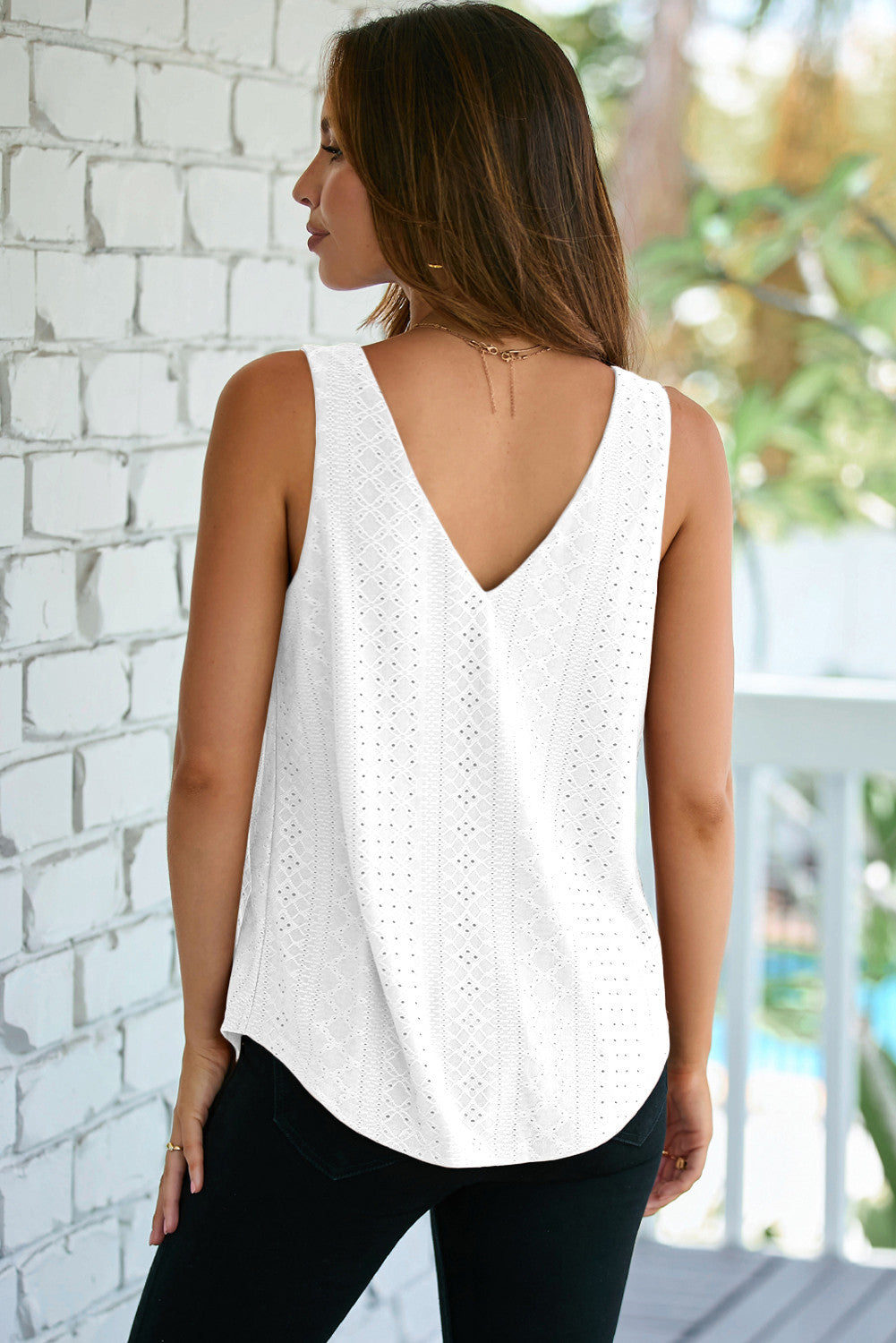 White Eyelet Knit Patterned Loose V Neck Tank Top - PREORDER