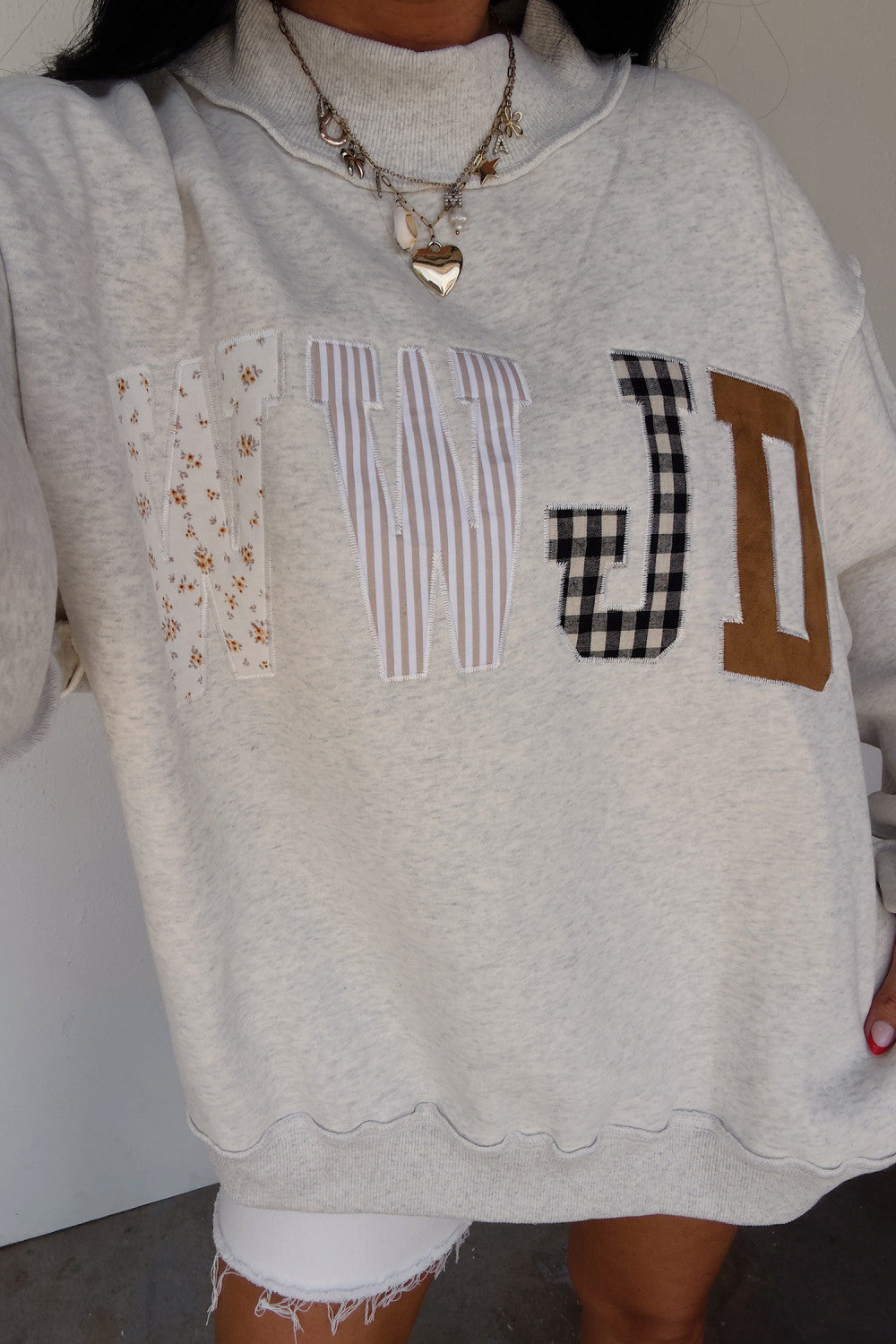 Gray WWJD Mixed Pattern Embroidered Patch Graphic Mock Neck Sweatshirt - PREORDER