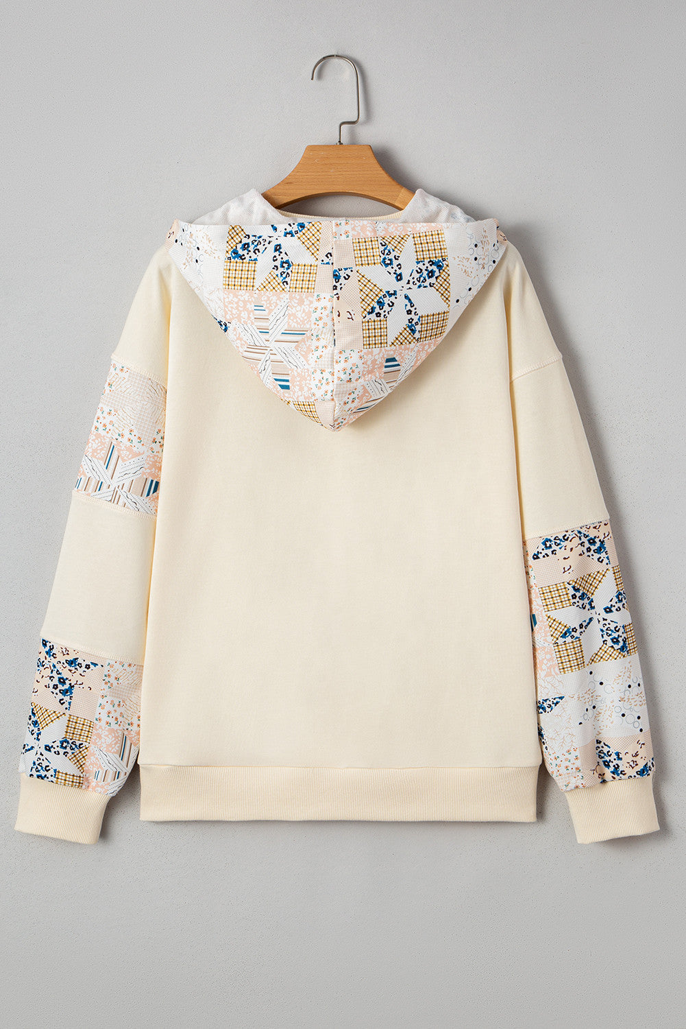 Beige Geo Pattern Patchwork Hoodie with Kangaroo Pocket - PREORDER