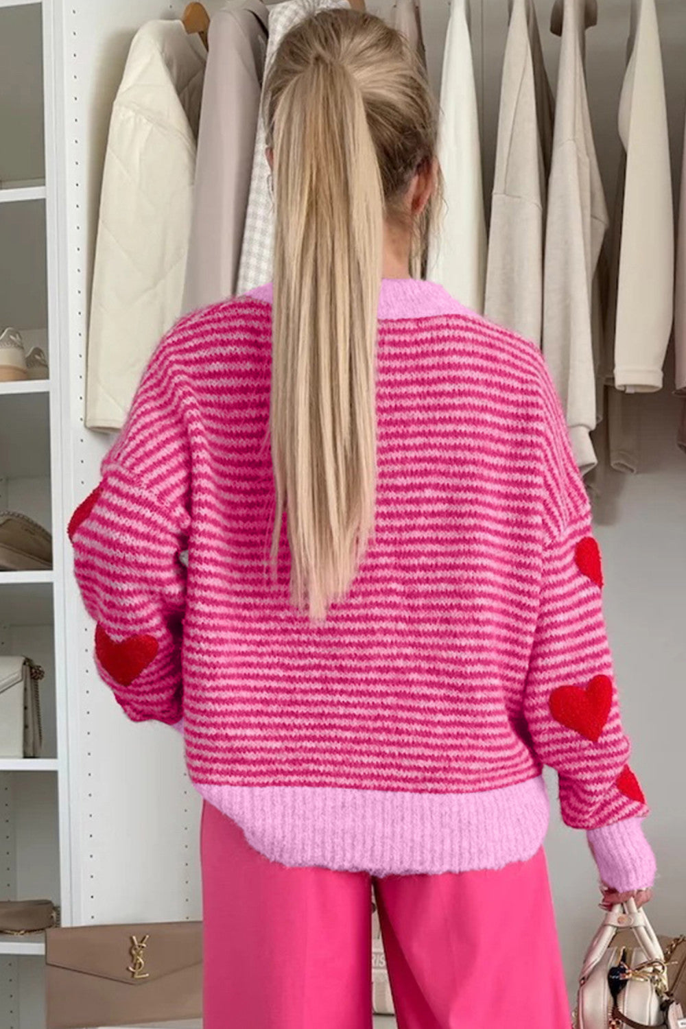 Rose Stripe Contrast Heart Pattern Brushed Knit Sweater - PREORDER
