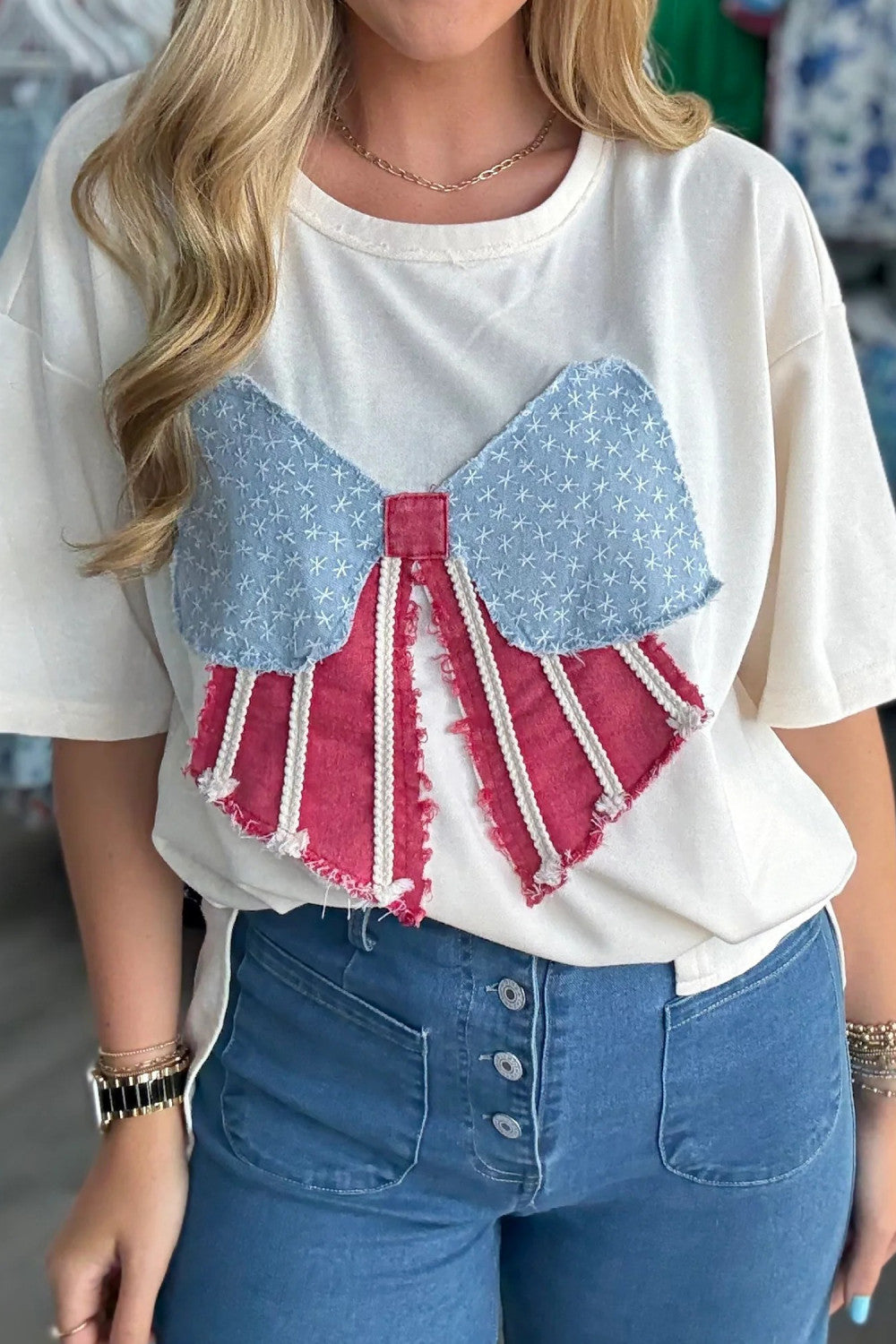 White Loose Knit Vintage Flag Bow Patched T Shirt