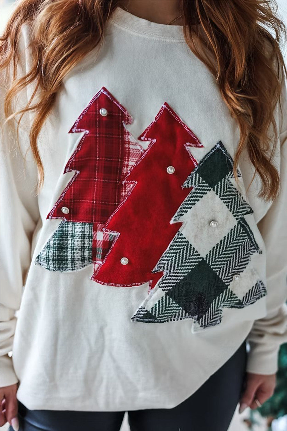 White Pearl Plaid Christmas Tree Patched Drop Shoulder Sweatshirt - PREORDER