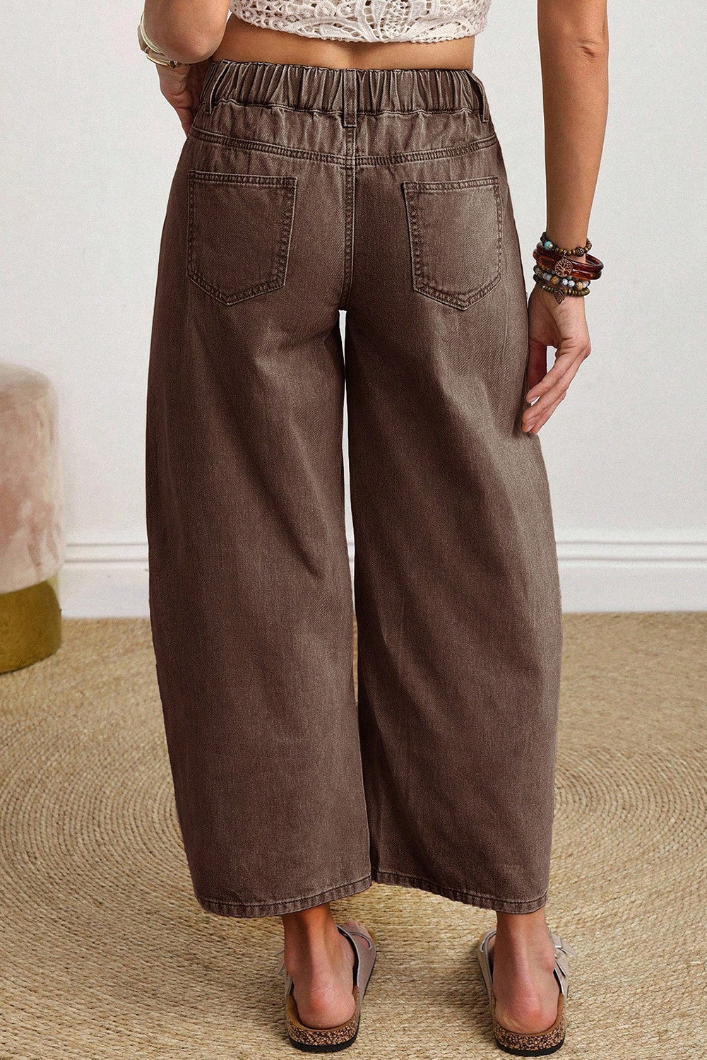 Coffee Solid Color Square Patch Pocket Ankle-length Barrel Jeans - PREORDER