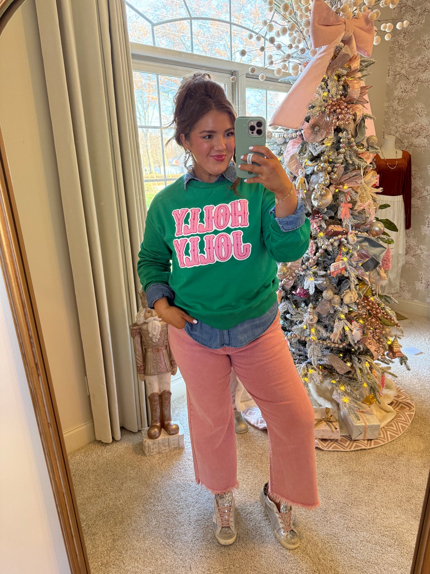 HOLLY JOLLY Embroidered Christmas Holiday Sweatshirt