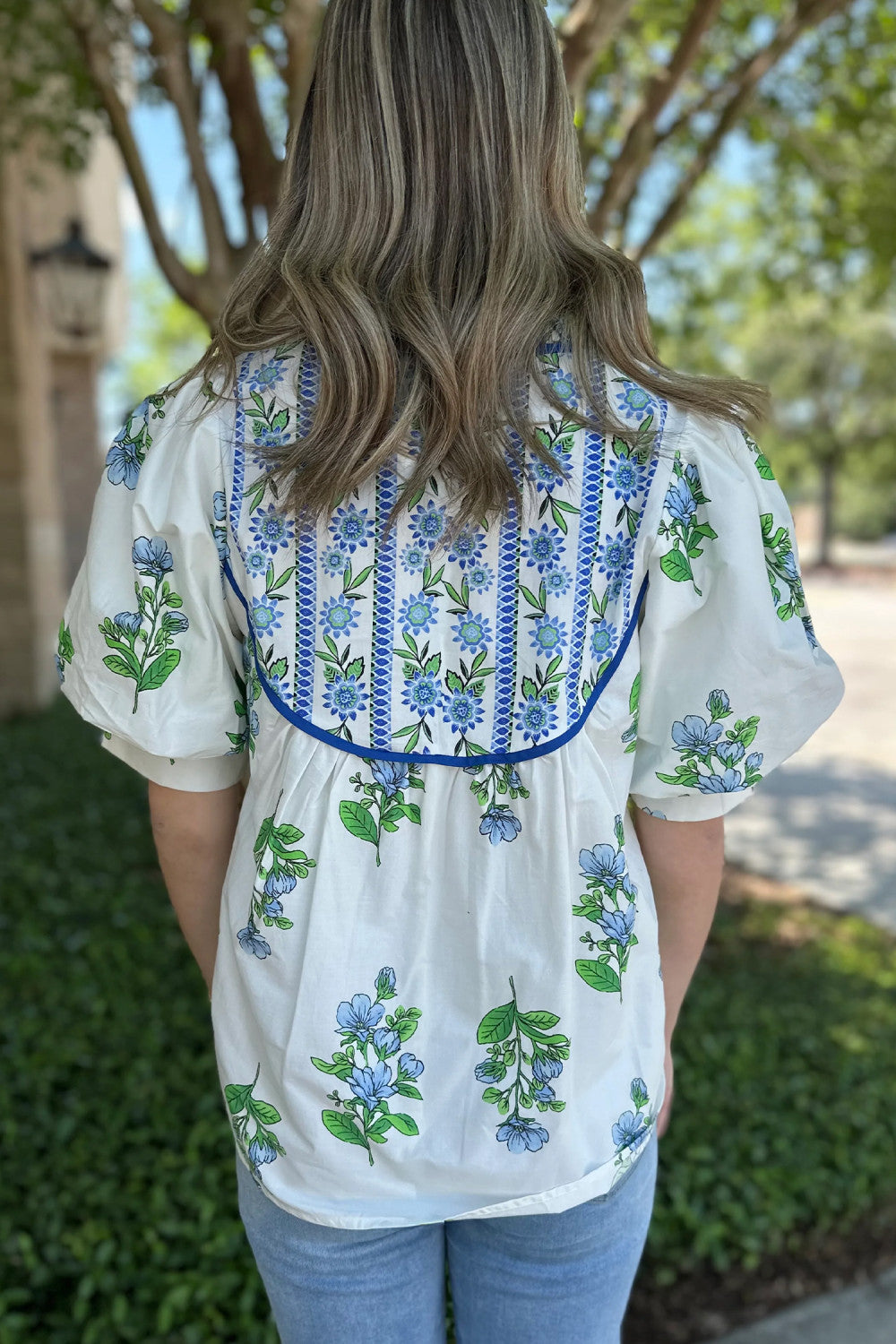 White Floral Print Contrast Trim Tie Neck Blouse - PREORDER ETA EARLY - MID JUNE