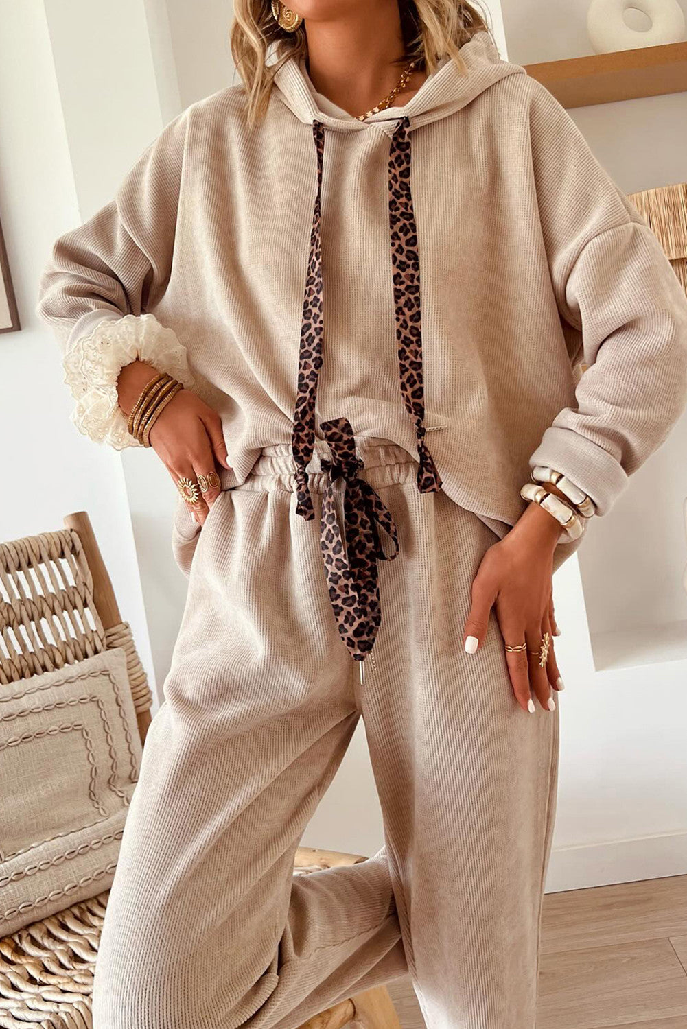 Cream Leopard Drawstring Pullover Hoodie and High Waist Pants Corduroy Suit - PREORDER