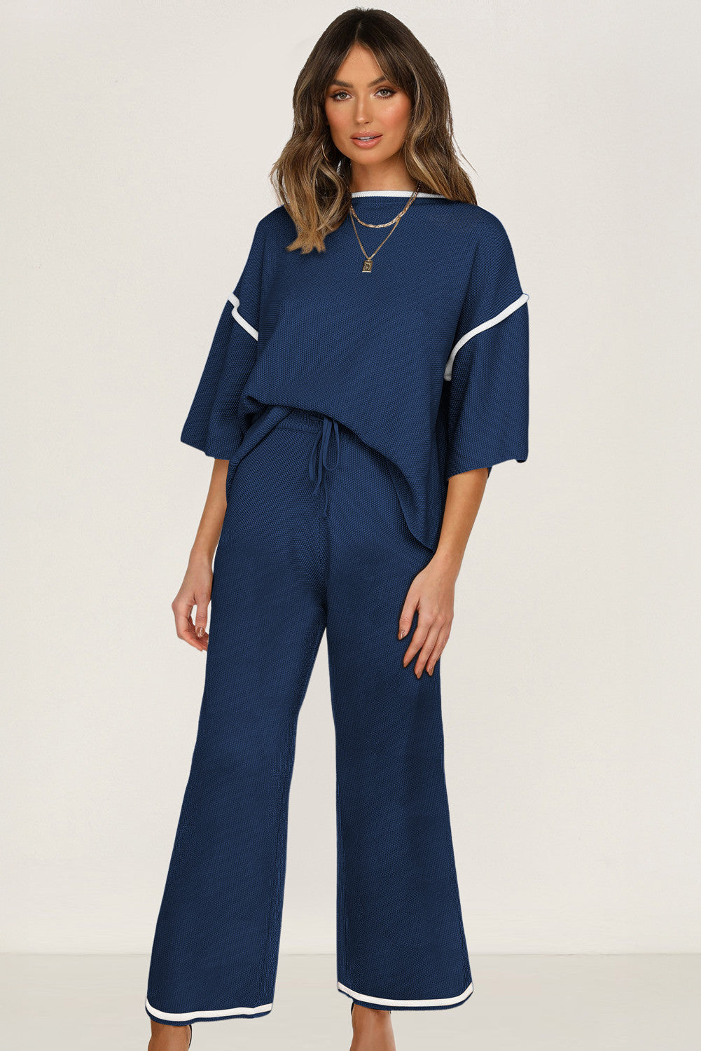 Navy Blue Contrast Trim Half Sleeve Top Drawstring Pants Loose 2pcs Sweater Suit - PREORDER