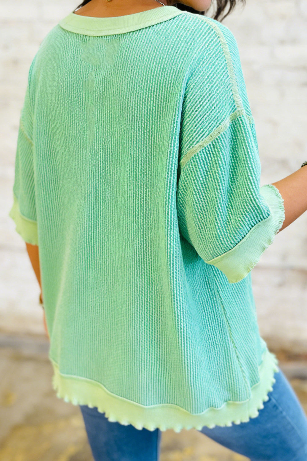 Mint Green Loose Uneven Hem Twist Ribbed T Shirt - PREORDER