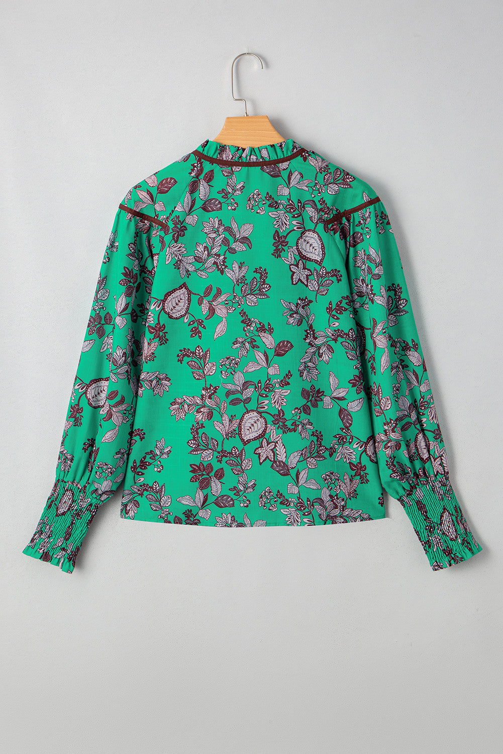 Green Leaves Print Contrast Trim V Neck Shirred Puff Sleeve Blouse - PREORDER