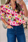 Pink Floral Frilled V Neck Puff Short Sleeve Blouse - PREORDER