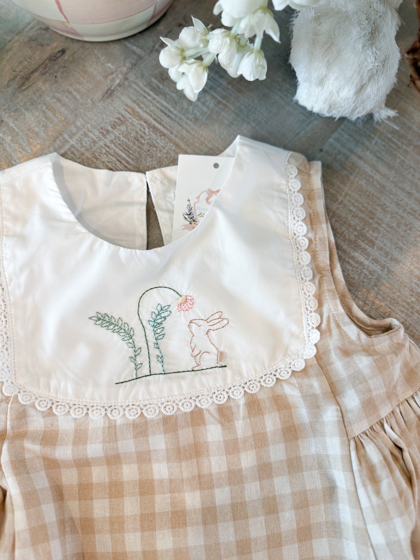 Apricot Plaid Embroidered Bunny Sleeveless Dress
