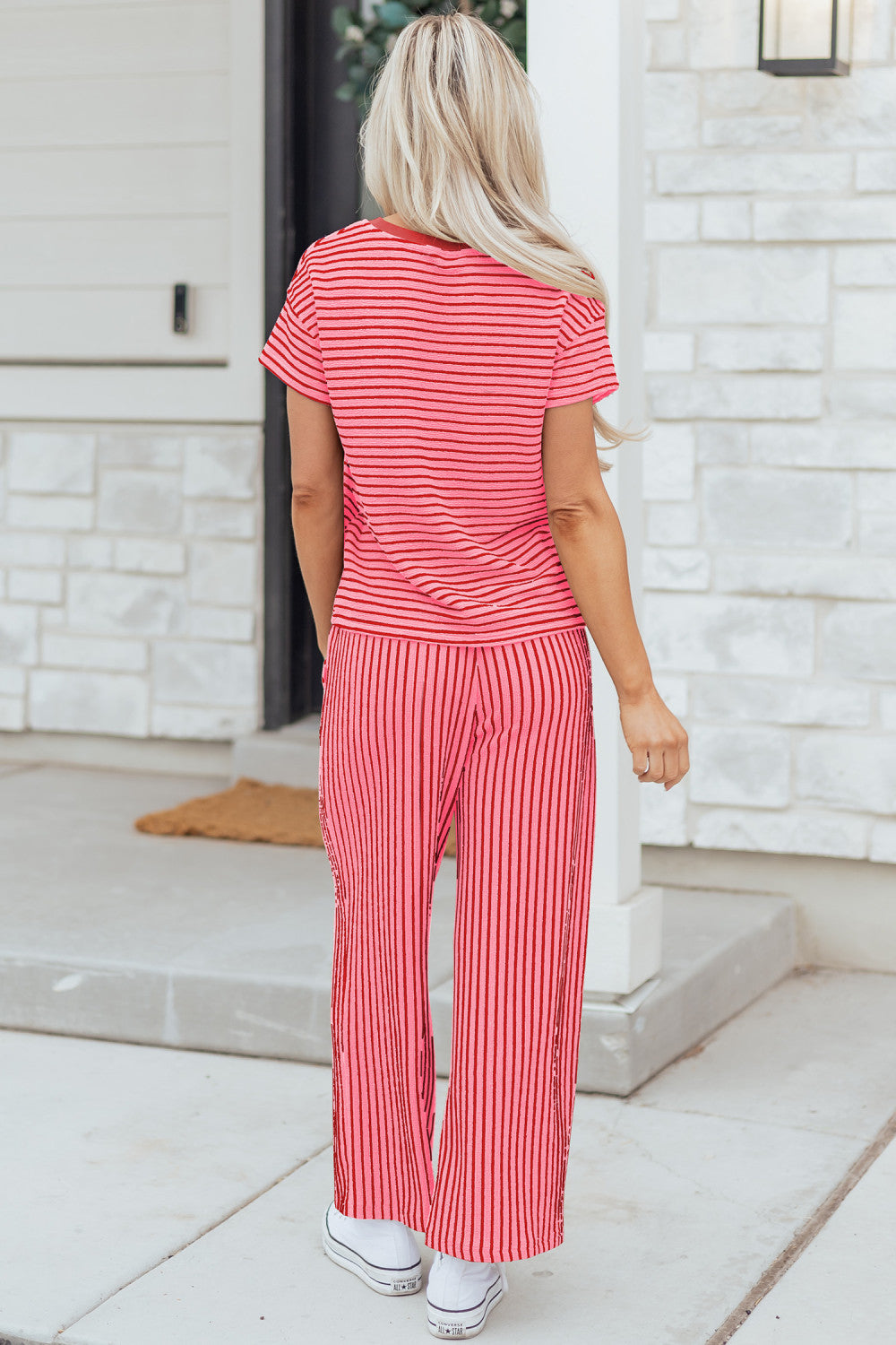 Rose Stripe Crew Neck Tee Drawstring Waist Cropped Pants Set - PREORDER