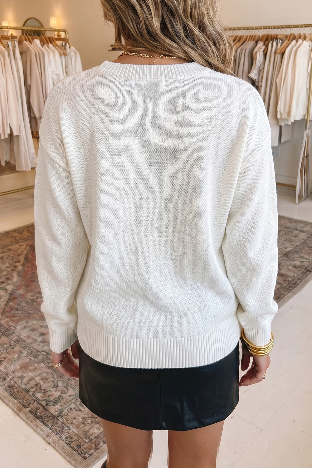 White Drop Shoulder Round Neck Long Sleeve Pullover Sweater - PREORDER