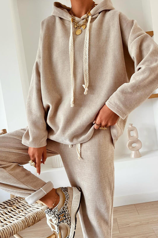Jet Stream Lace Drawstring Pullover Hoodie and High Waist Pants Corduroy Suit- PREORDER