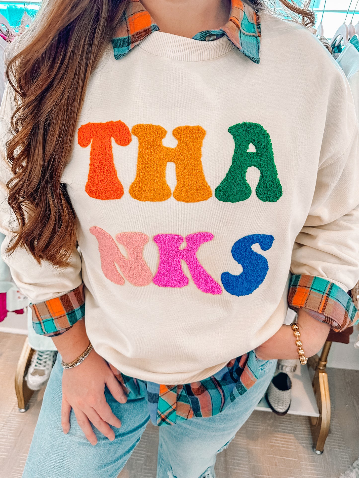 Apricot THANKS Chenille Embroidered Sweatshirt