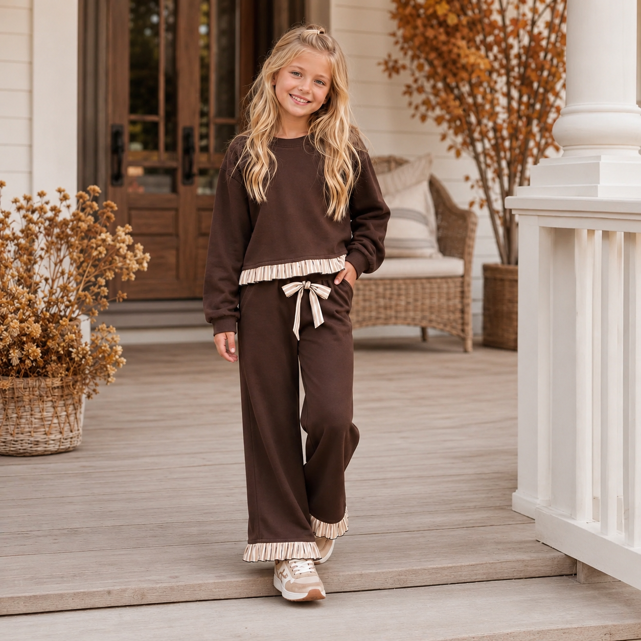 Girls Brown Ruffle Detail Pant Set- PREORDER