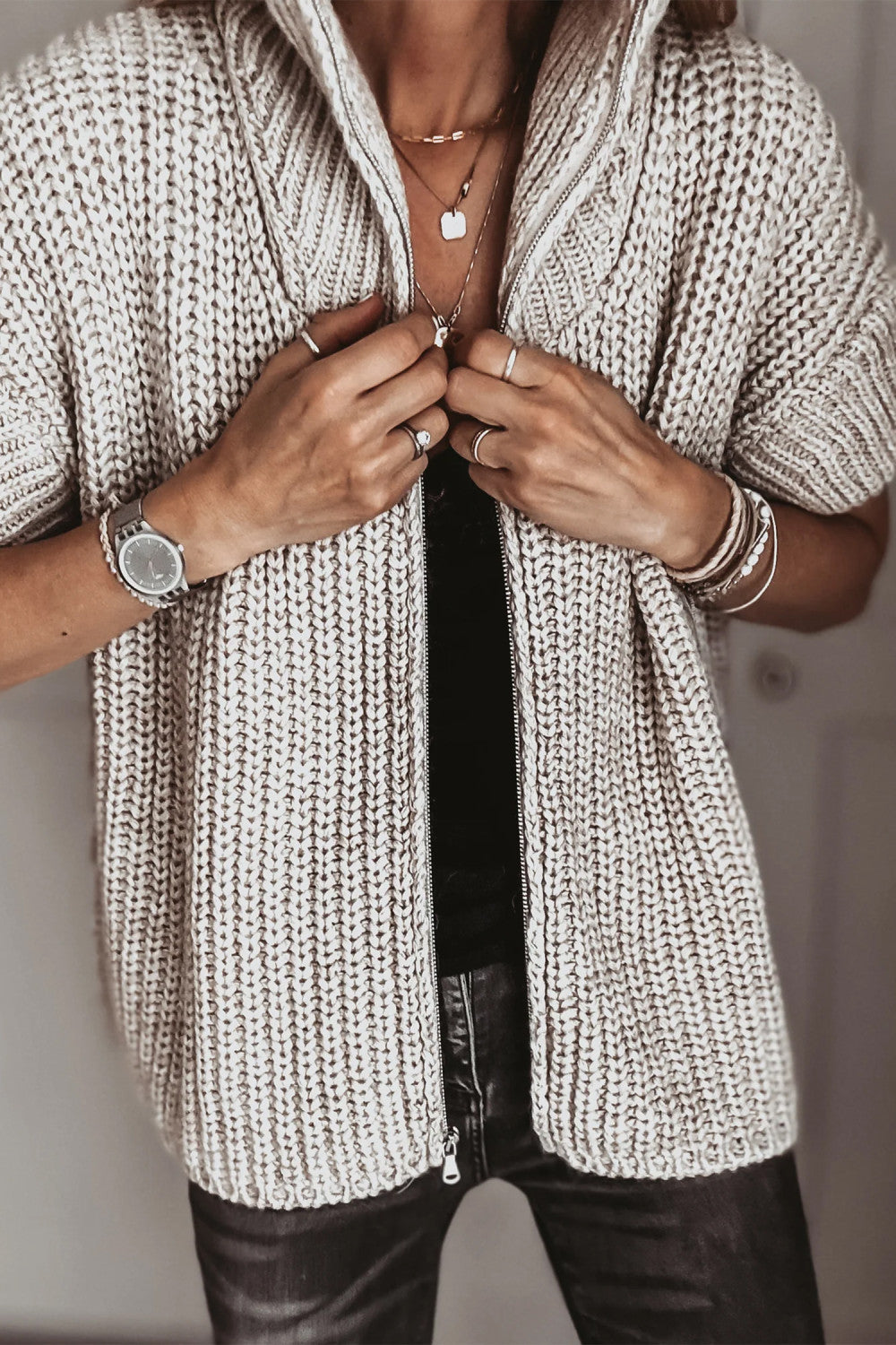 Taupe Short Sleeve Zipper Knit Sweater Casual High Neck Regular Fit Open Front Cardigan - PREORDER