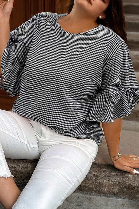 Black Plus Size Plaid Bow Decor Bell Sleeve Round Neck Jumper - PREORDER