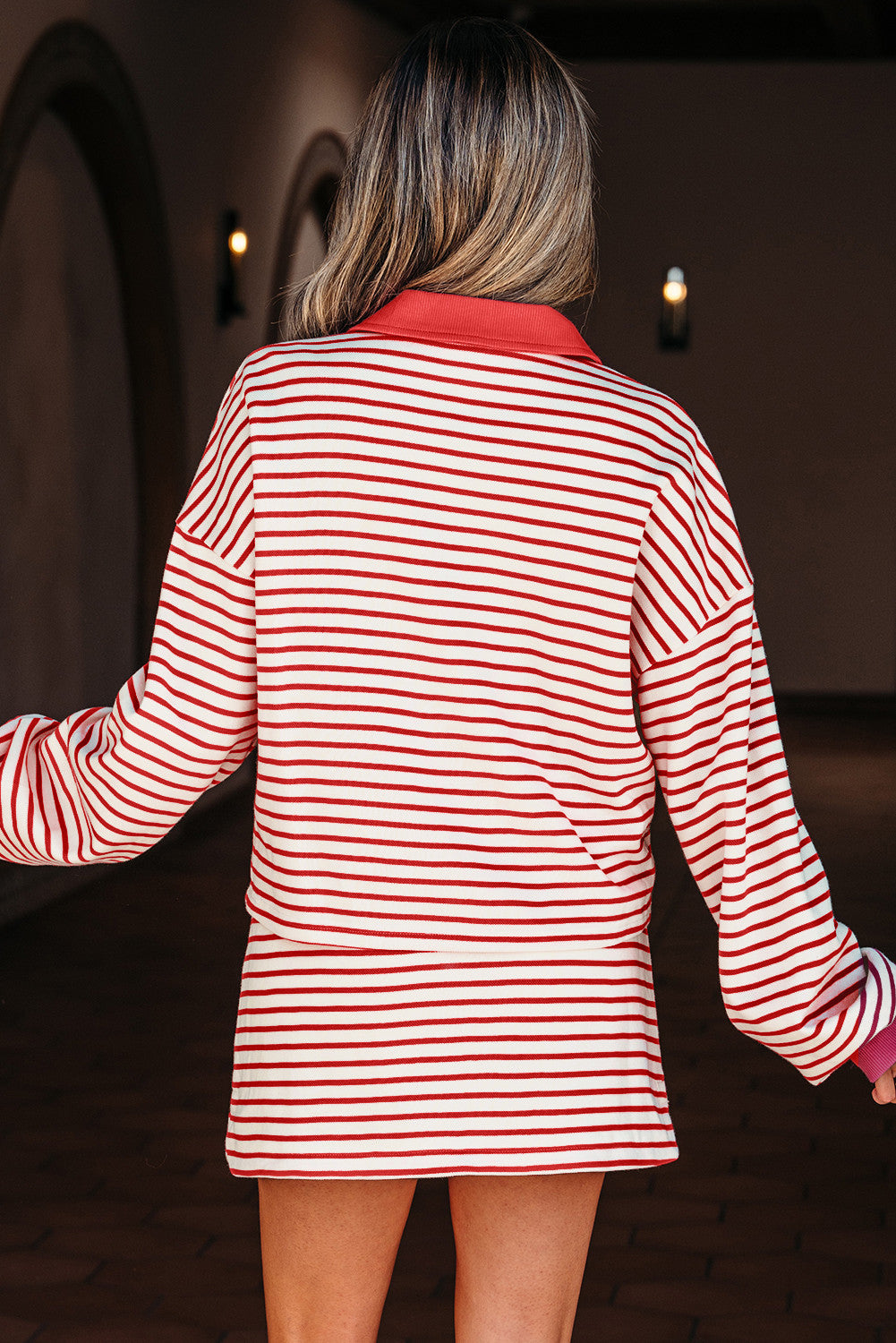 Red Stripe Collared V Neck Drop Shoulder Pullover and Skort 2pcs Outfit - PREORDER