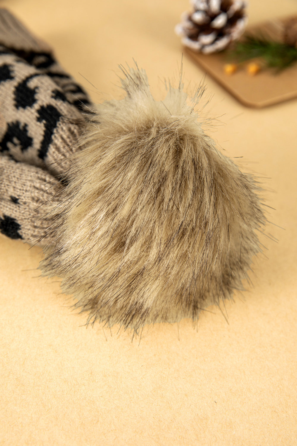 Beige Faux Fur Pompom Leopard Knit Beanie