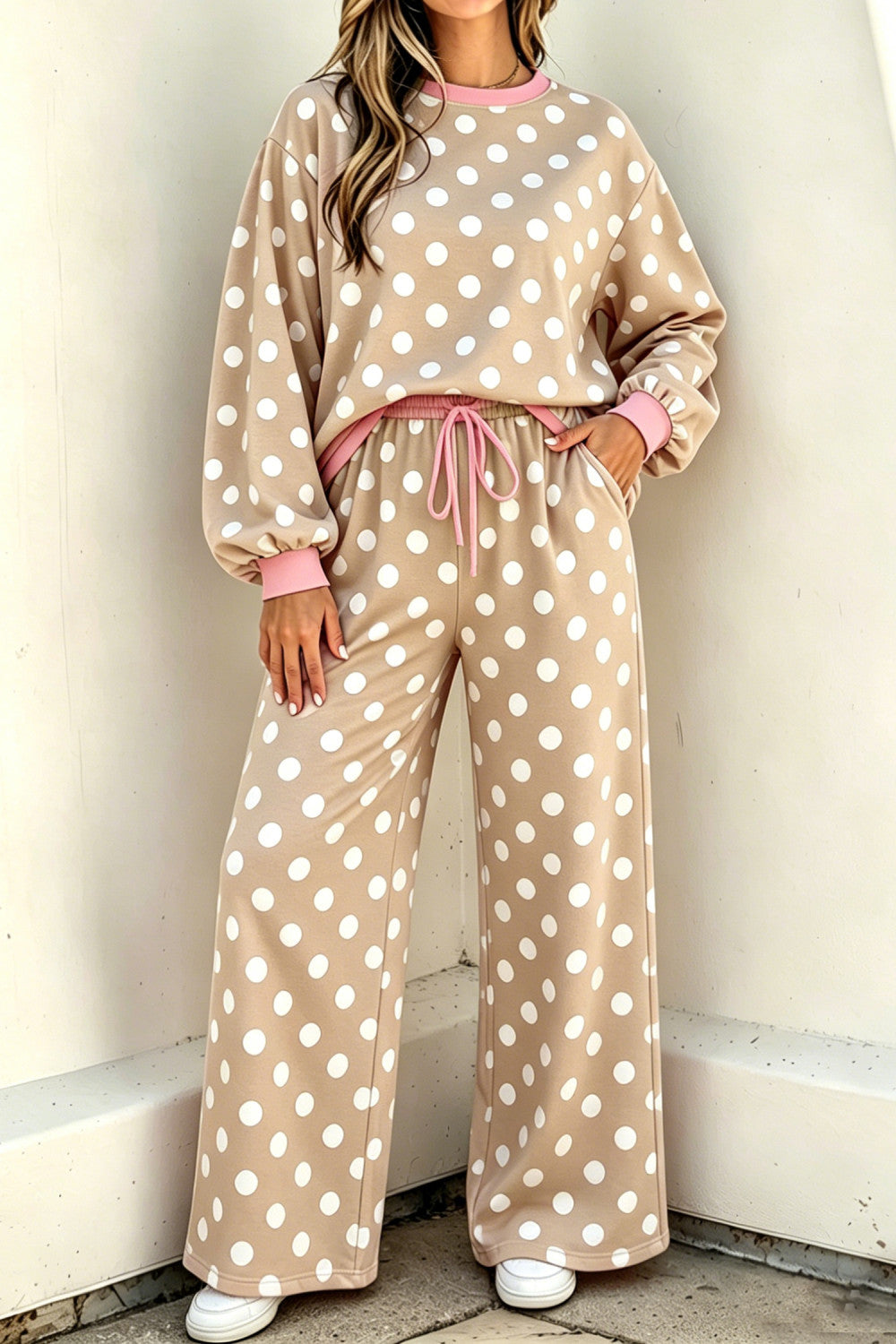 Khaki Polka Dot Contrast Trim Long Sleeve Top Drawstring Shift Pants Set - PREORDER