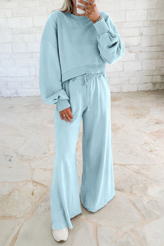 Mist Blue Drop Shoulder Puff Sleeve Crop Pullover Drawstring Wide Leg Pants Set - PREORDER