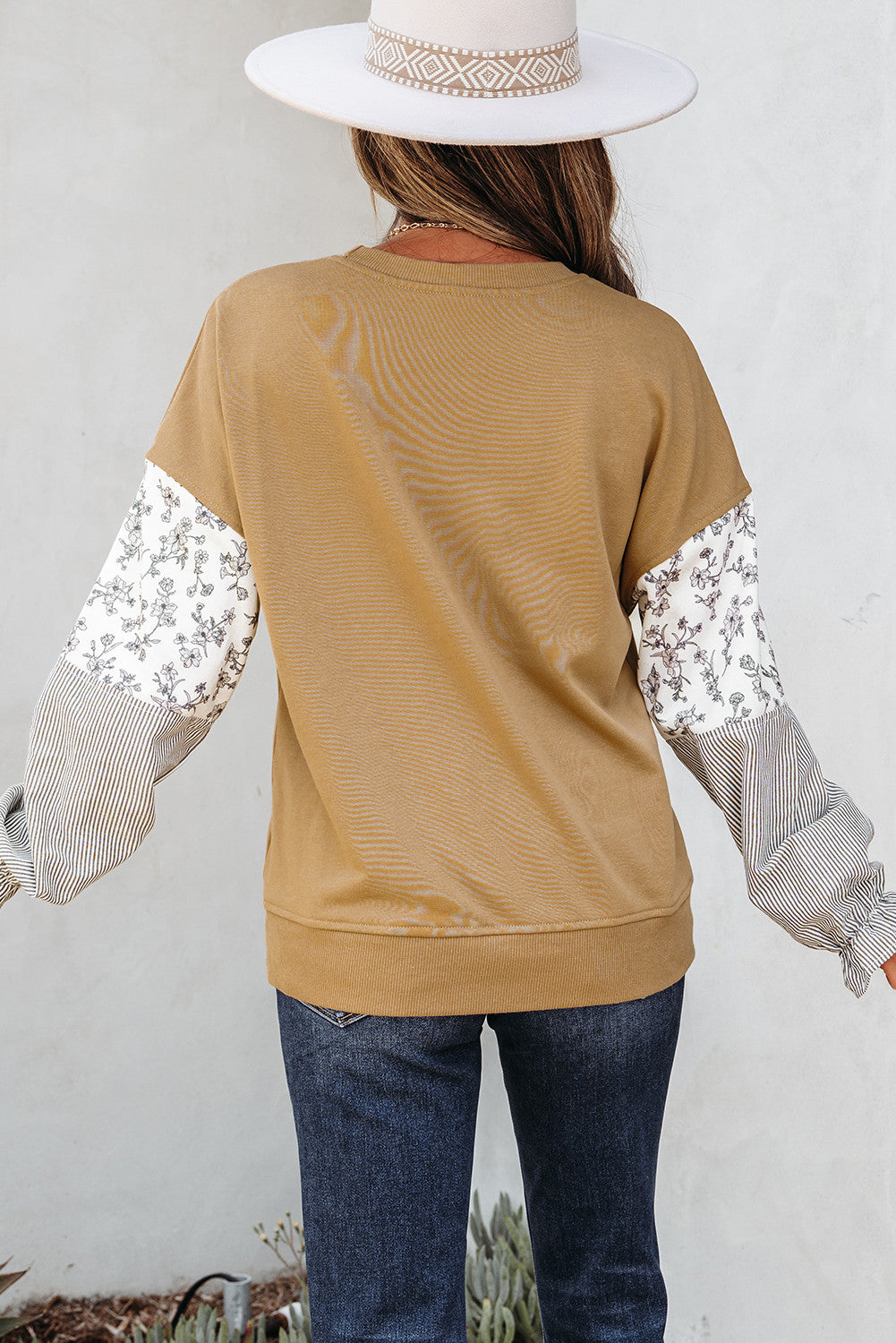 Camel Floral Striped Patchwork Ruffled Sleeve Crew Neck Sweatshirt - PREORDER